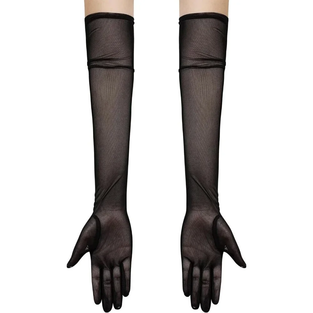 Women's Tulle Light Blue Long Stretchy Gloves Halloween Party Wedding Costume